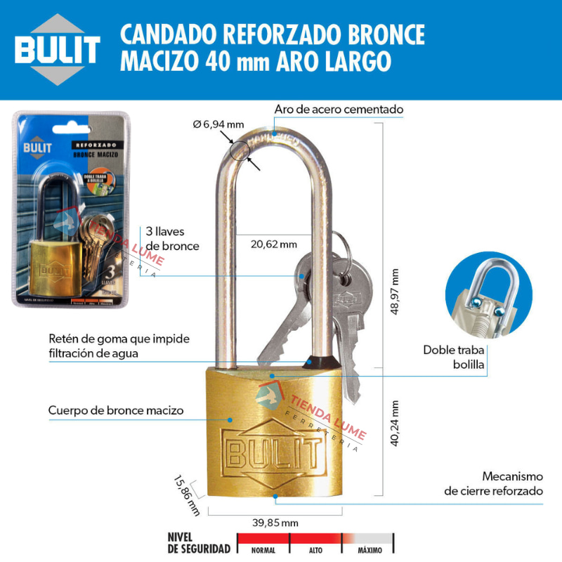 Candado 40MM Largo Acero Niquelado Doble Traba - 4 Llaves