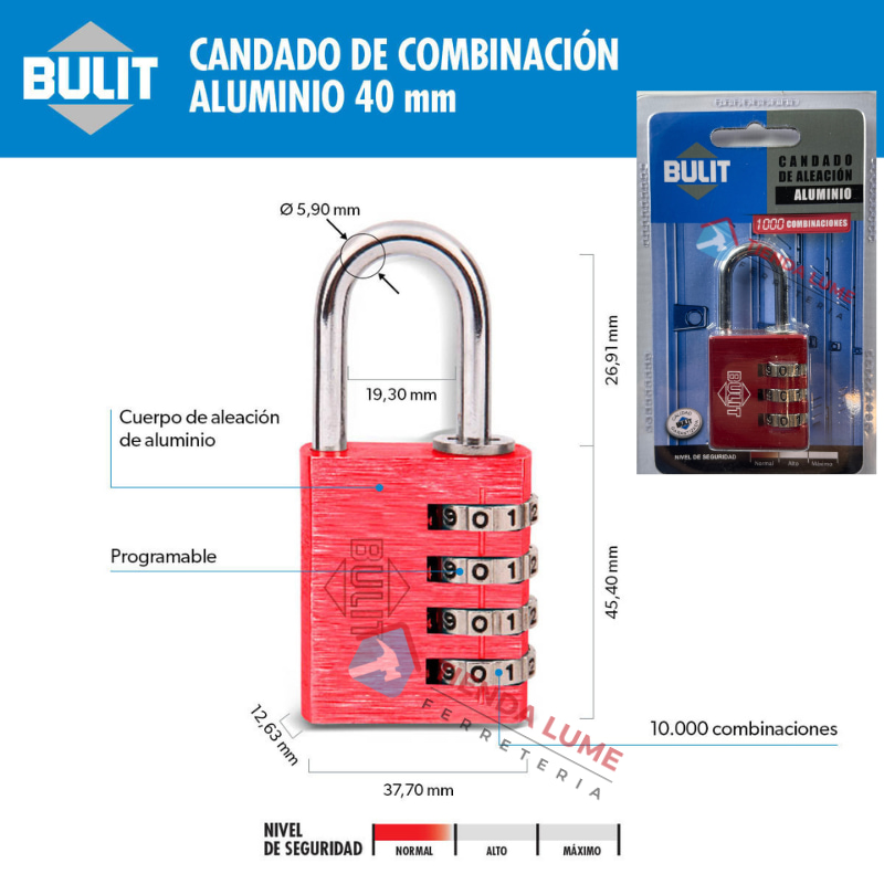 Candado 40MM Aleacion Aluminio 4 Comb. Rojo